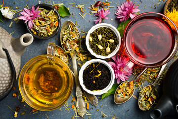 Tea background. A collection of various teas. Free copy space, flat lay. © Yaruniv-Studio