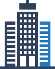 A simple dark blue building with rectangular windows stands between two shorter structures