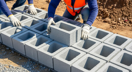 Construction workers expertly building a sturdy concrete block wall today