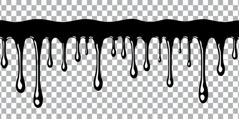 A collection of black dripping paint effects is presented on a transparent, checkered background. The image is composed of several horizontal bars from which paint drips downwards. Each bar has varyin