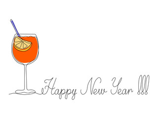 Happy New Year holiday card, Cocktail spritz aperol with a straw. continuous single one line art hand drawing sketch, logo on white background