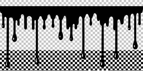 A collection of black dripping paint effects is presented on a transparent, checkered background. The image is composed of several horizontal bars from which paint drips downwards. Each bar has varyin