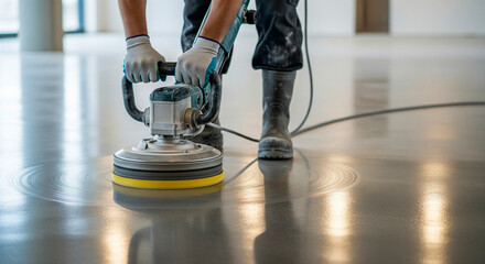 Professional worker polishes concrete floor in modern building for renovation