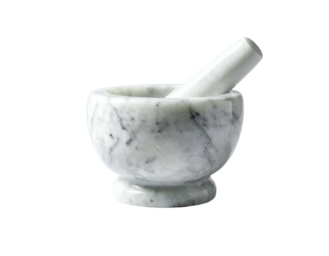 A marble mortar and pestle, isolated against a solid black background