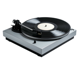 A silver turntable playing a vinyl record, presented against a black backdrop