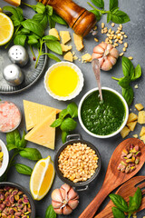 Italian cuisine. Pesto sauce and ingredients. Free space for text. Top view.