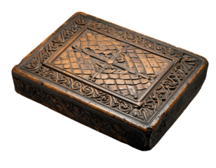 Intricately carved wooden chest, detailed top design, aged appearance, isolated black background
