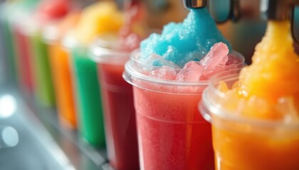Row of colorful slushie drinks in plastic cups being dispensed from a machine. Different fruit flavors in bright red, orange, green, and blue hues. Perfect for summer refreshment and parties.
