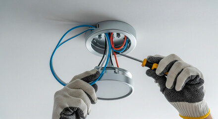 Electrician installs modern lighting fixture with safety gloves overhead