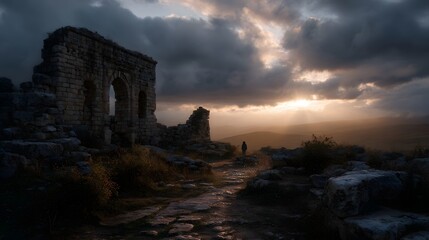 Lone silhouette stands near ancient stone ruins bathed in golden sunset light with dramatic clouds