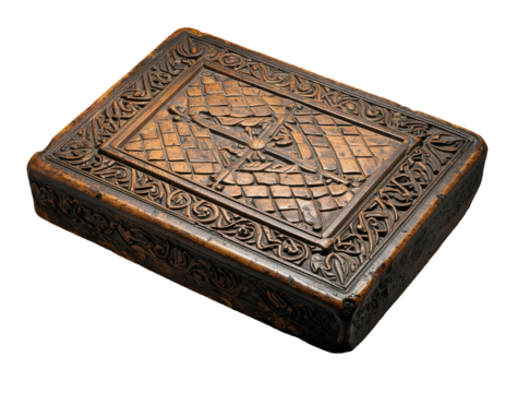 Intricately carved wooden chest, detailed top design, aged appearance, isolated black background