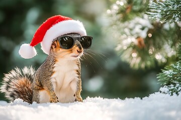 A playful squirrel in a Santa hat and cool sunglasses.