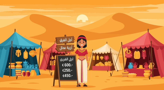 Vibrant desert market scene featuring merchants and traditional goods display