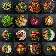 Photo collage of food in plates. Dishes from Meat, Seafood and Vegetables. Top view on black background. Square image for social media.