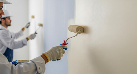 Professional painters rolling fresh paint on walls for home renovation project