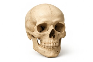 Human skull presenting anatomy, death, mortality, and science concepts on transparent background