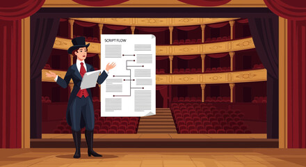Illustrative presentation of script workflow on stage, emphasizing theater design
