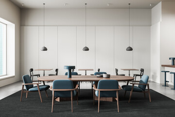 Contemporary interior with modern furniture and minimalist design in a stylish dining space with pendant lights and wooden elements. 3D Rendering