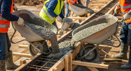 Construction workers pouring concrete for a strong foundation project site