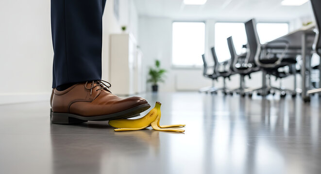 Unforeseen business risk and corporate danger symbolized by a man about to slip on a banana peel