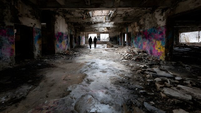 Two silhouetted figures walk down a colorful graffiti covered abandoned building corridor filled with debris