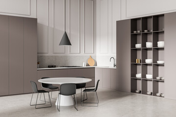 Modern minimalist kitchen interior with taupe cabinetry, round dining table, and open shelving in elegant neutral tones. 3D Rendering