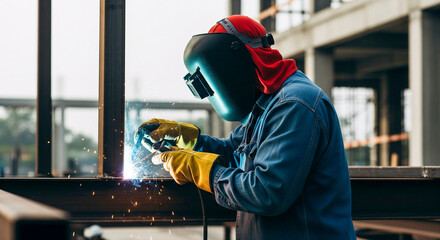 Skilled welder expertly joining metal beams with sparks in construction site