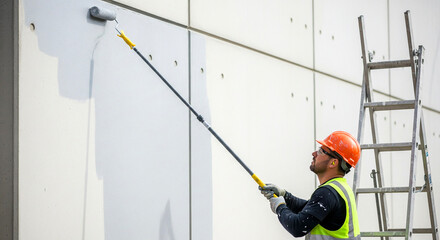 Dedicated construction worker paints exterior wall with roller expertly
