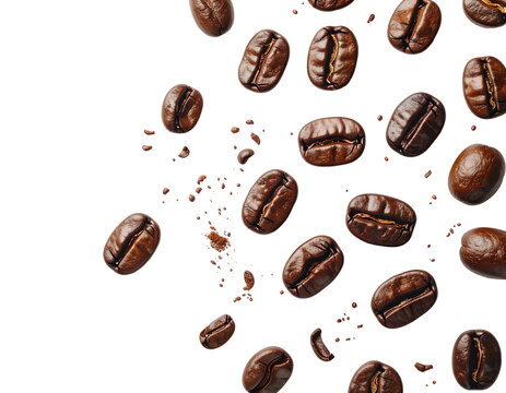 Dark roasted coffee beans cascading against a stark, black backdrop
