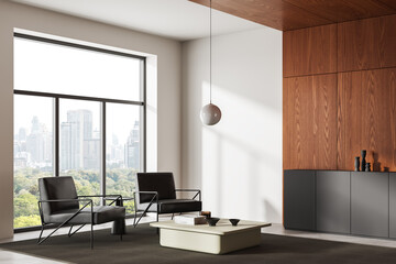 Modern interior design with stylish seating and minimalist coffee table in bright room overlooking cityscape through large windows. 3D Rendering. 3D Rendering