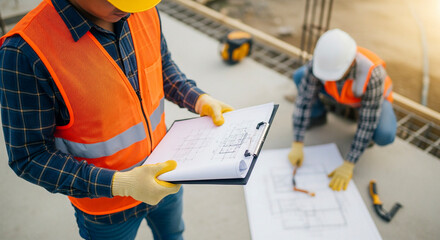 Construction workers reviewing blueprints on site for building project