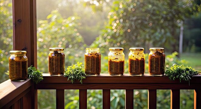 Assortment of Homemade Preserved Food Jars on Wooden Railing - Powered by Adobe