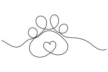 Minimal dog paw trace continuous line drawing isolated on white