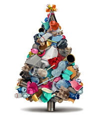 Holiday Recycling and to recycle during winter season as a Christmas tree with a group of recyclable garbage representing conservation and community environmental protection.