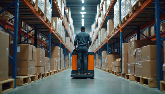 Male worker operates electric pallet jack in large warehouse aisle. Many cardboard boxes stacked on high shelves. Staff manages logistics, inventory, goods in big distribution center. Supply chain