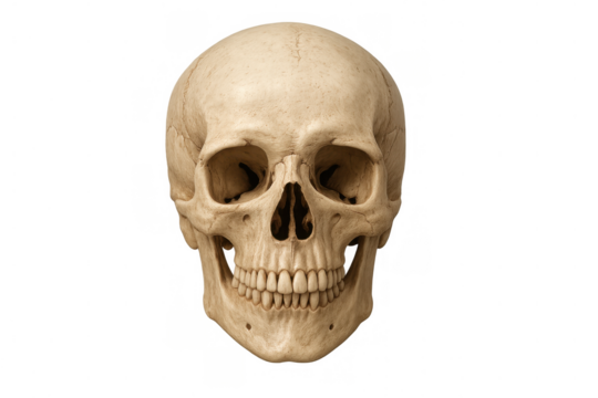Human skull showing skeletal anatomy and structure, representing death, mortality, and memento mori concept with transparent background