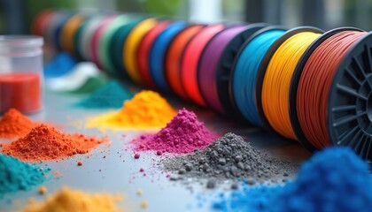 Spools of vibrant filament arranged by color sit near piles of crafting powders. 3D printing materials in array of hues await use in modern creative industrial art.