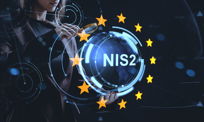 Businesswoman analyzing NIS2 cybersecurity regulation concept with magnifying glass and digital hologram of EU stars and globe in futuristic setting.