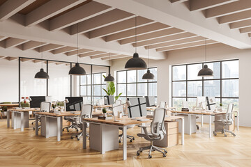 Modern open office interior with wooden flooring, ergonomic chairs, and large windows showcasing urban skyline views during daytime. 3D Rendering