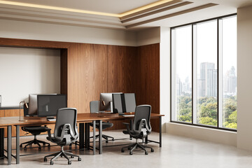 Modern office interior design with wooden wall paneling, ergonomic chairs, and large windows overlooking a city skyline in daylight. 3D Rendering