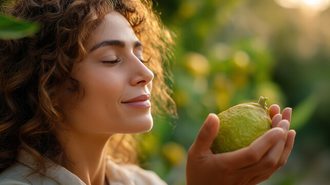Woman holding etrog for The Jewish holiday of Sukkot, under soft natural light highlighting reverence and ritual, serene outdoor scene, warm hand lighting, with copy space
