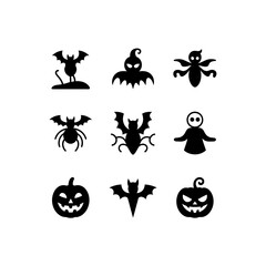 Halloween spooky icons collection featuring bats, spiders, ghost, and pumpkins set