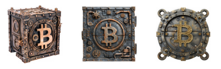Three steampunk style bitcoin crypto currency vault boxes isolated on transparent background