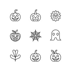 Halloween graphic line art collection featuring pumpkins, ghosts, and spider webs
