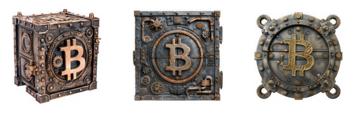 Three steampunk style bitcoin crypto currency vault boxes isolated on transparent background - Powered by Adobe