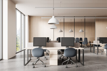 Modern open-plan office interior design with minimalist furniture, wooden walls and large windows offering city view in natural lighting. 3D Rendering