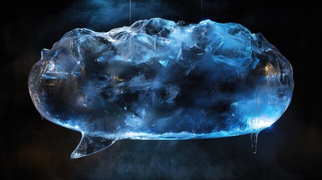 Frozen communication ice sculpture of a speech bubble studio digital art dark background conceptual viewpoint