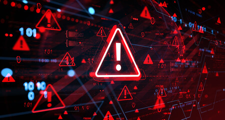 Cybersecurity warning alert with red exclamation triangles and binary code on a digital blur...