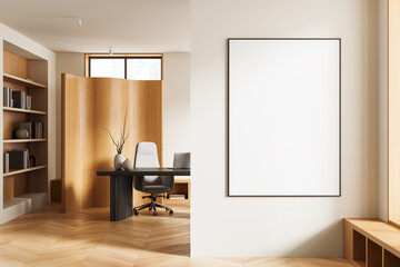Modern office interior with blank framed poster on clean wall in minimalist workspace layout concept for advertising or artwork mockup template display. 3D Rendering