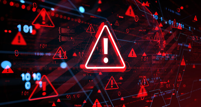 Cybersecurity warning alert with red exclamation triangles and binary code on a digital blur background showing hacked internet system concept sketch.. 3D Rendering